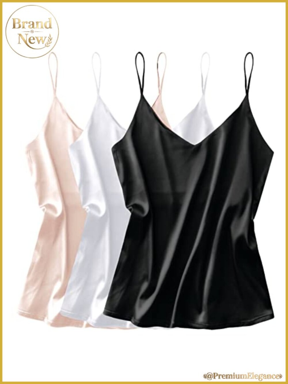 Ekouaer 3 Pack Silk Satin Tank Top V Neck Cami Spaghetti Strap Loose Sleeveless